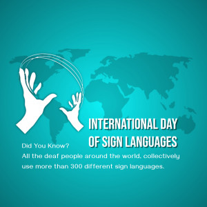 Illustration of hands forming a sign language gesture with a world map in the background, promoting International Day of Sign Languages.