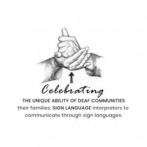 Hands forming a sign language gesture with the word 'Celebrating' and text about Deaf communities.