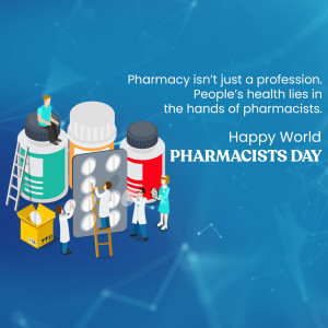 Illustration of pharmacists working around large pill bottles with text celebrating World Pharmacists Day.