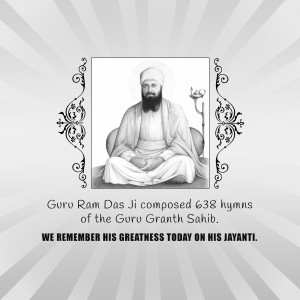 Portrait of Guru Ram Das Ji with text commemorating his Jayanti