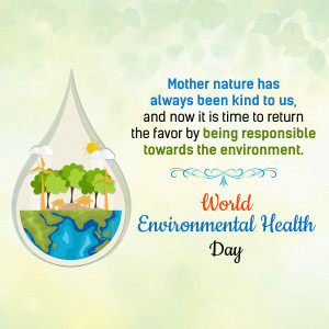 Image promoting environmental responsibility with a water droplet containing a landscape and text.