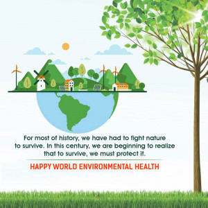 Illustration of a world half submerged in water with a landscape and text promoting environmental health.