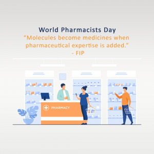 Illustration depicting a pharmacy with customers and a quote for World Pharmacists Day.