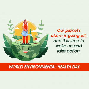 Illustration of a person watering a plant growing on Earth, with a message about environmental health.
