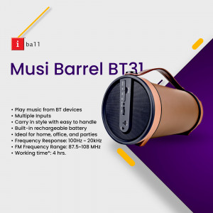iBall Musi Barrel BT31 portable Bluetooth speaker with features listed