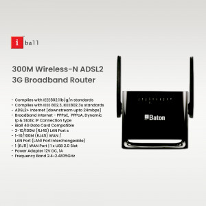 Black Baton 300M Wireless-N ADSL2+ 3G Broadband Router with antennas