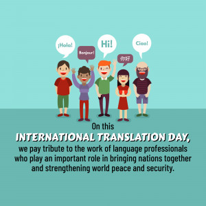 Illustration of diverse people greeting in different languages for International Translation Day.