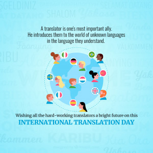 Illustration depicting people of diverse backgrounds surrounding a globe with flags, celebrating International Translation Day.