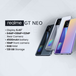 Three Realme GT Neo smartphones in different colors displayed with key specifications.