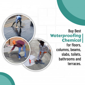 Workers applying waterproofing chemical to various surfaces