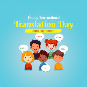 Illustration of diverse people with speech bubbles saying greetings in different languages for International Translation Day.