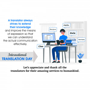 Illustration of a translator working at a desk with greetings in different languages, celebrating International Translation Day.