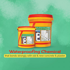 Two buckets of waterproofing chemical with text 'Waterproofing' and description of bonding properties.
