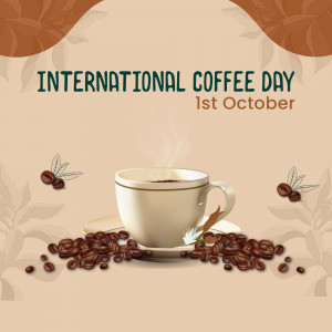 Image celebrating International Coffee Day with a cup of coffee and coffee beans.