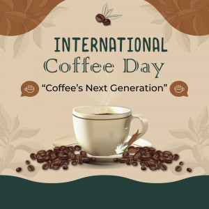 Image celebrating International Coffee Day with a cup of coffee and coffee beans.