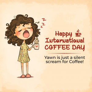 Illustration of a yawning woman with a coffee mug, celebrating International Coffee Day.