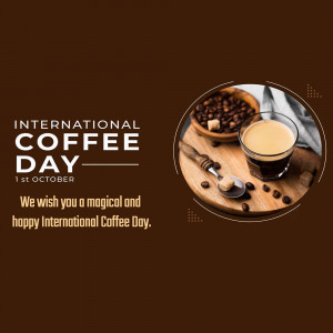 Image celebrating International Coffee Day with coffee beans, a glass of coffee, and a wooden background.