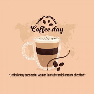 Illustration of a glass of coffee with coffee beans and a world map background for International Coffee Day.