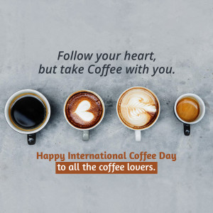 Four cups of coffee with latte art and text celebrating International Coffee Day