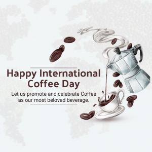 Illustration of a Moka pot pouring coffee with coffee beans and a world map background for International Coffee Day.