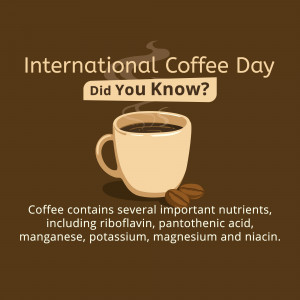 Image celebrating International Coffee Day with a coffee cup and nutritional facts.