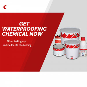 Waterproofing chemicals in containers with text promoting waterproofing solutions.