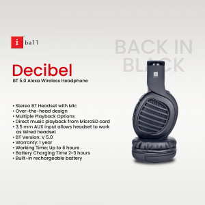 Black iBall Decibel wireless headphones with features listed