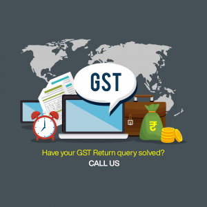 Image depicting GST return filing with a world map, laptop, and financial elements.