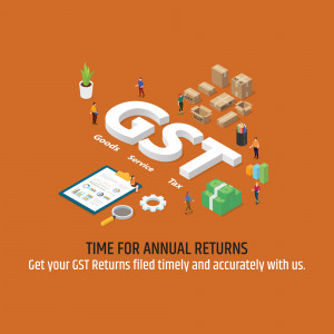 Isometric illustration of GST with related elements and text 'Time for Annual Returns'
