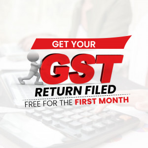 Image promoting GST return filing services with a 3D figure pulling a GST sign.