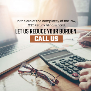 Image depicting GST return filing assistance with a calculator, laptop, and glasses.