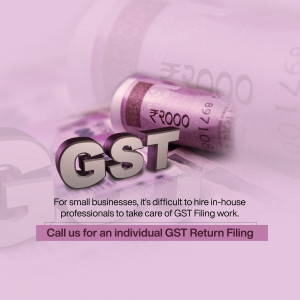Image depicting Indian currency notes with the text 'GST' and information about GST filing services.