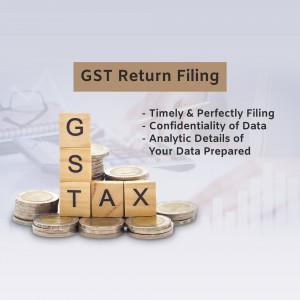 Image depicting GST return filing with coins and text highlighting timely and confidential services.