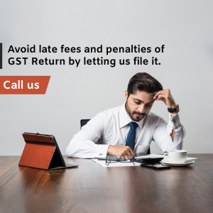 Man stressed about GST returns, with text promoting GST filing service.