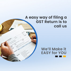 Image depicting GST return filing with a person handling documents and a call to action.