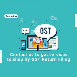 Illustration of GST return filing with laptop, mobile, and message bubbles.