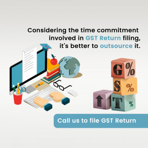 Image depicting outsourcing GST return filing with a laptop, books, globe, and tax blocks.