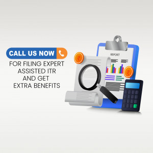 Image depicting ITR filing assistance with a magnifying glass over documents and a call to action.