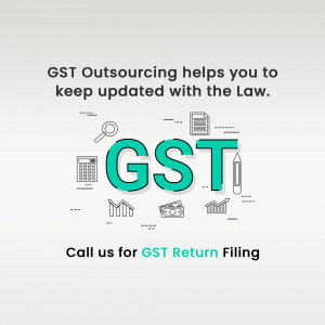 Image depicting GST outsourcing services with icons related to tax, law, and finance.