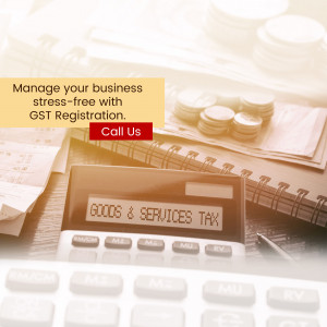 Image depicting GST registration with money, calculator, and notebook.