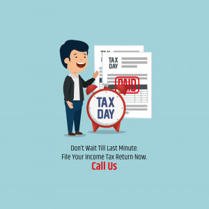 Cartoon illustration of a man pointing to tax documents and a 'Tax Day' alarm clock.