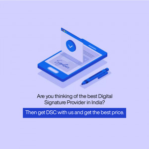 Illustration of a smartphone displaying a digital signature with a pen and text promoting DSC services.