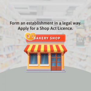Illustration of a bakery shop with text promoting Shop Act Licence application.