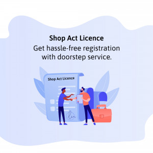 Illustration of two people exchanging documents related to Shop Act Licence registration with a doorstep service.