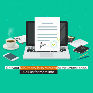 Image depicting a laptop displaying a signed document with a cup of coffee, smartphone, and office supplies, promoting quick DSC acquisition.