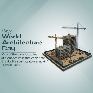 Isometric illustration of a construction site with cranes and buildings, celebrating World Architecture Day.