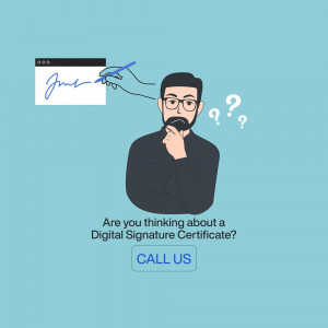 Man pondering over a digital signature with question marks and a call to action.