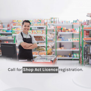 Shopkeeper standing at checkout counter with text 'Call for Shop Act Licence registration.'