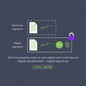 Image depicting digital signature security with document, fingerprint, lock, and call to action.