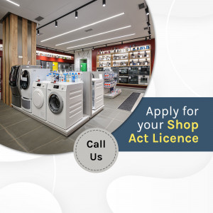 Interior view of an appliance store with washing machines and other appliances, promoting Shop Act Licence application.